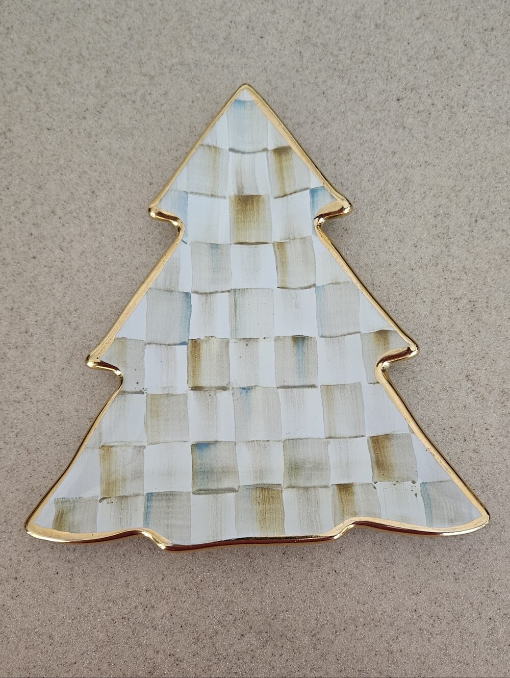 RARE MACKENZIE CHILDS PARCHMENT CHECK CERAMIC CHRISTMAS TREE SALAD ACCENT PLATE